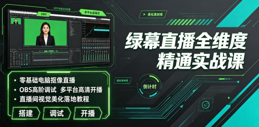 绿幕直播全维度精通实战课|零基础电脑抠像直播、OBS高阶调试、多平台高清开播、直播间视觉美化落地教程-爱搭资源网