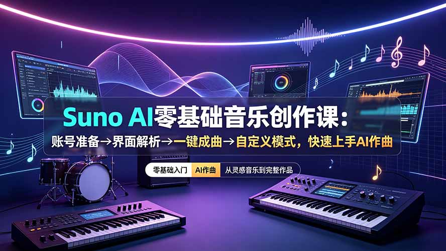 Suno AI零基础音乐创作课：账号准备→界面解析→一键成曲→自定义模式，快速上手AI作曲-爱搭资源网