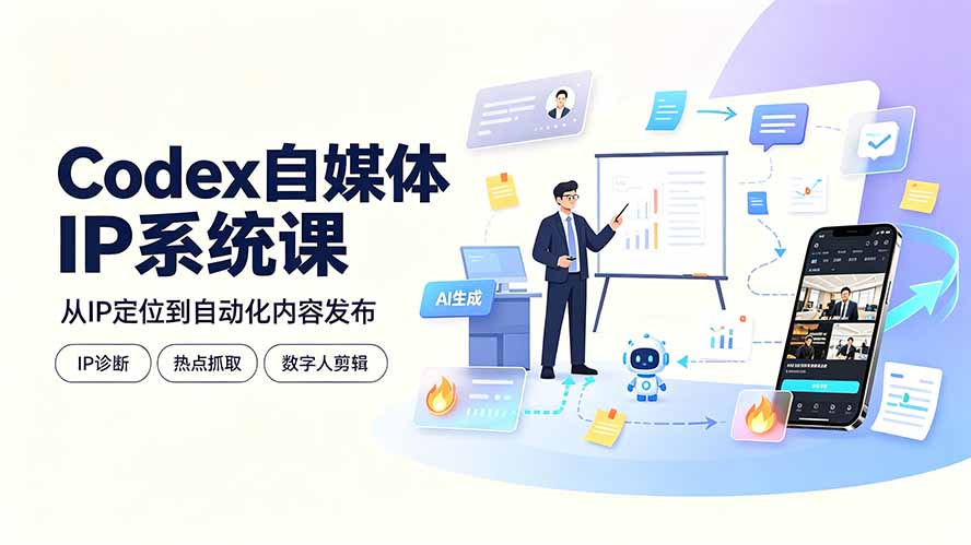 Codex自媒体IP系统课：IP诊断/热点抓取/IP蒸馏 Skill，爆款复刻数字人多平台自动发布教程-爱搭资源网