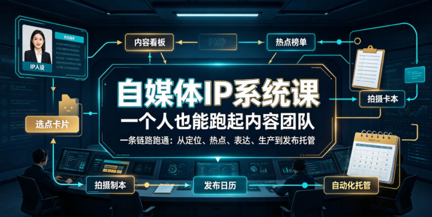自媒体IP系统课，一个人也能跑起内容团队，一条链路跑通，从定位、热点、表达、生产到发布托管-爱搭资源网