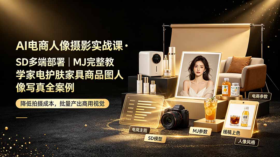 AI电商人像摄影实战课·SD多端部署｜MJ完整教学｜家电护肤家具商品图人像写真全案例-爱搭资源网