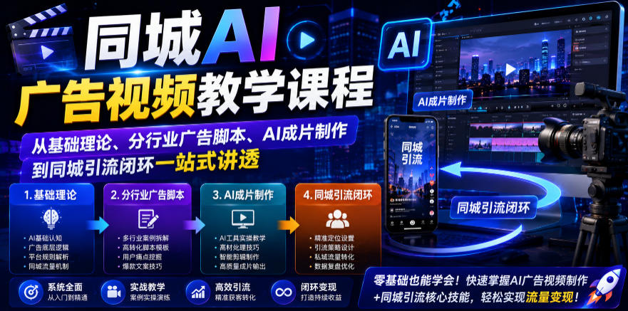 同城AI广告视频教学课程，从基础理论、分行业广告脚本、AI成片制作到同城引流闭环一站式讲透-爱搭资源网