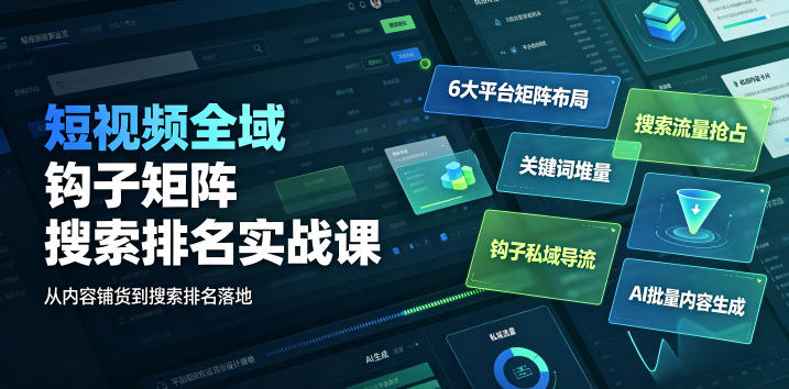 短视频全域钩子矩阵搜索排名实战课｜6大平台矩阵布局、关键词堆量抢占搜索流量、钩子私域导流、AI批量内容生成-爱搭资源网