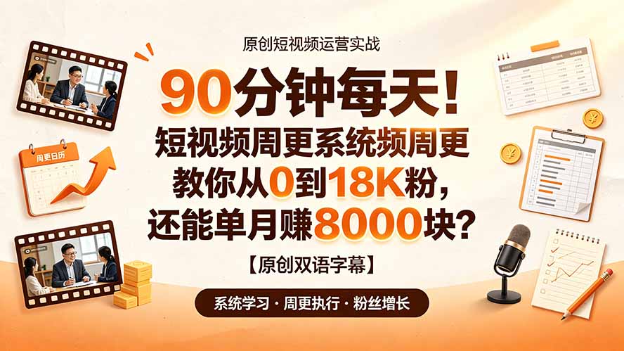 90 分钟每天！短视频周更系统教你从 0 到 18K 粉，还能单月赚 8000 块？【原创双语字幕】-爱搭资源网