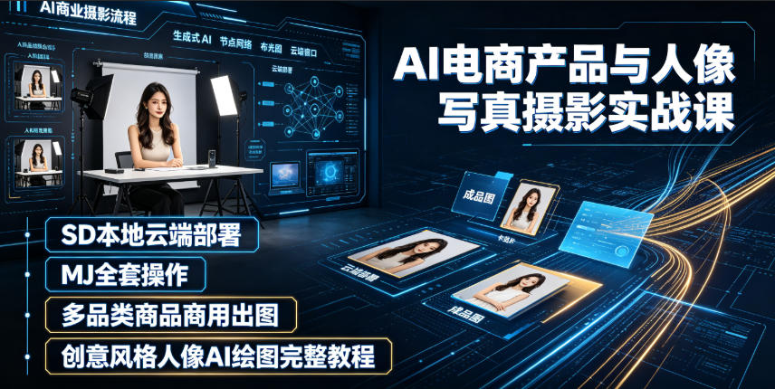 AI电商产品与人像写真摄影实战课｜SD本地云端部署、MJ全套操作、多品类商品商用出图、创意风格人像AI绘图完整教程-爱搭资源网