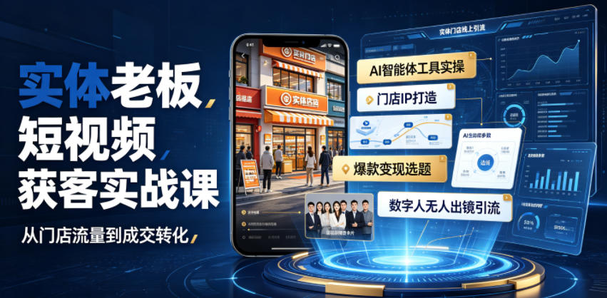 实体老板短视频获客实战课｜AI智能体工具全套实操、门店IP打造、爆款变现选题、数字人无人出镜引流完整教程-爱搭资源网