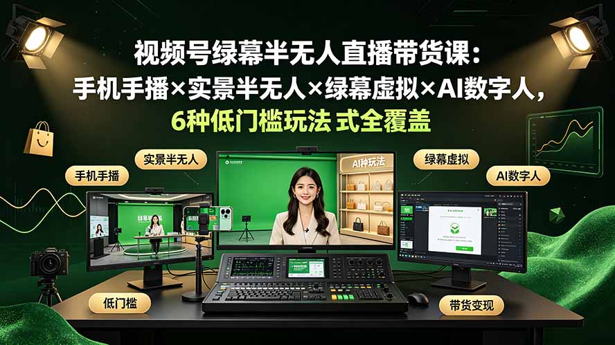 视频号绿幕半无人直播带货课：手机手播×实景半无人×绿幕虚拟×AI数字人，6种低门槛玩法全覆盖-爱搭资源网