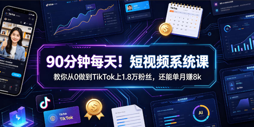 90分钟每天！短视频系统课教你从0做到TikTok上1.8万粉丝，还能单月賺8k【原创双语字幕】-爱搭资源网