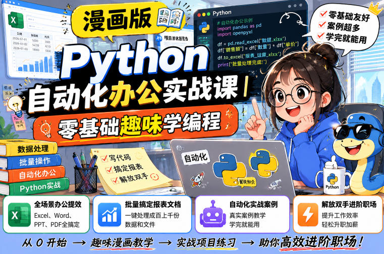 漫画版Python自动化办公实战课｜零基础趣味学编程，全场景办公提效、批量搞定报表文档、解放双手进阶职场-爱搭资源网