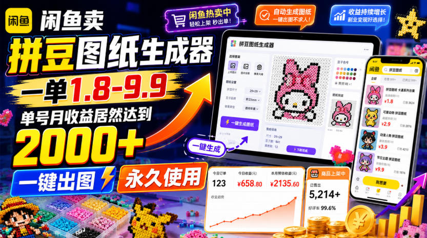 闲鱼卖拼豆图纸生成器，一单1.8-9.9，单号月收益居然达到2000+一键出图永久使用-爱搭资源网