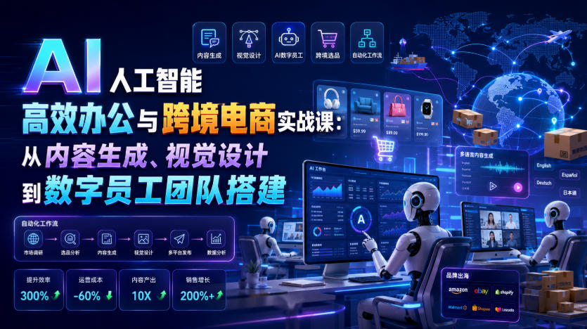 AI人工智能高效办公与跨境电商实战课：从内容生成、视觉设计到数字员工团队搭建-爱搭资源网