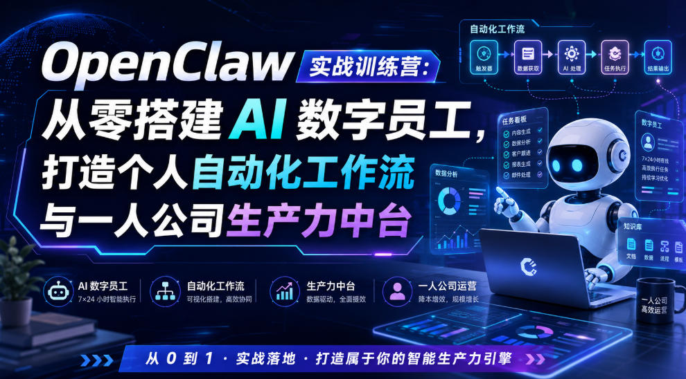OpenClaw实战训练营：从零搭建AI数字员工，打造个人自动化工作流与一人公司生产力中台-爱搭资源网
