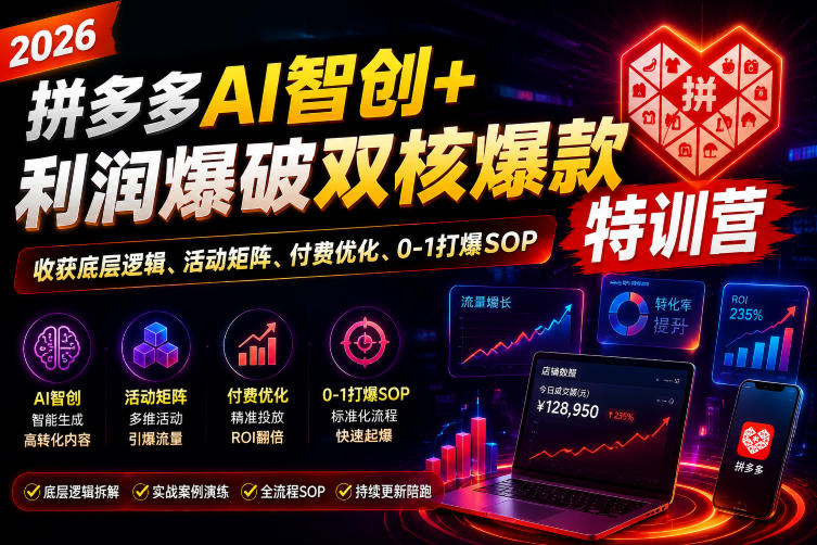2026拼多多AI智创+利润爆破双核爆款特训营，收获底层逻辑、活动矩阵、付费优化、0-1打爆SOP-爱搭资源网
