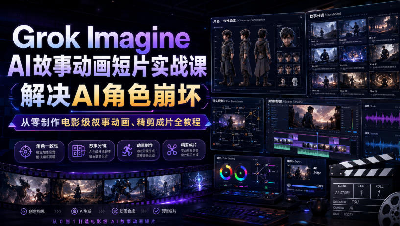 Grok Imagine AI故事动画短片实战课｜解决AI角色崩坏，从零制作电影级叙事动画、精剪成片全教程(中英字幕)-爱搭资源网