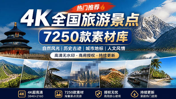 热门全国旅游风景素材！4K全国旅游景点素材库，7250款素材，旅行达人城市航拍风景风光高清短视频-爱搭资源网