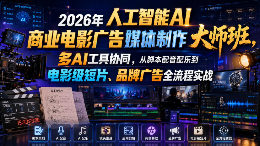 2026年人工智能AI商业电影广告媒体制作大师班，多AI工具协同，从脚本配音配乐到电影级短片、品牌广告全流程实战(中英字幕)-爱搭资源网