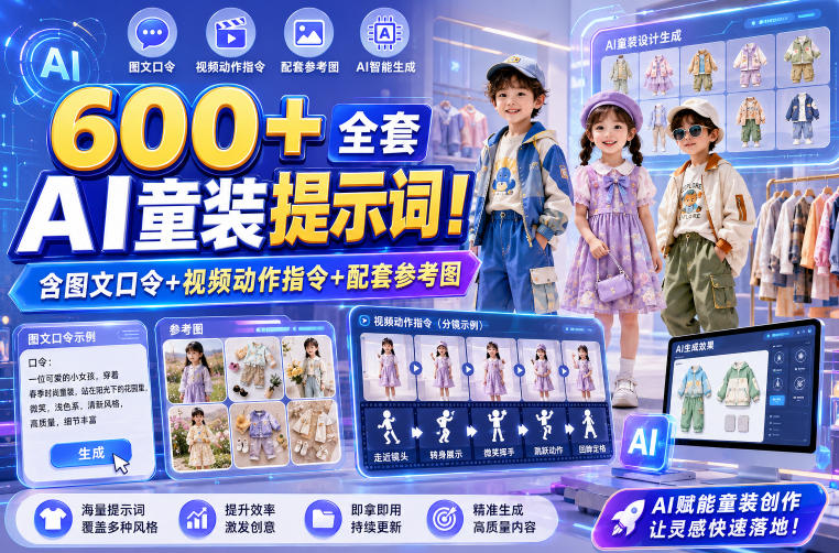 600+全套AI童装提示词！含图文口令+视频动作指令+配套参考图，Word-Excel规整分类，童装电商、种草无脑量产内容！-爱搭资源网