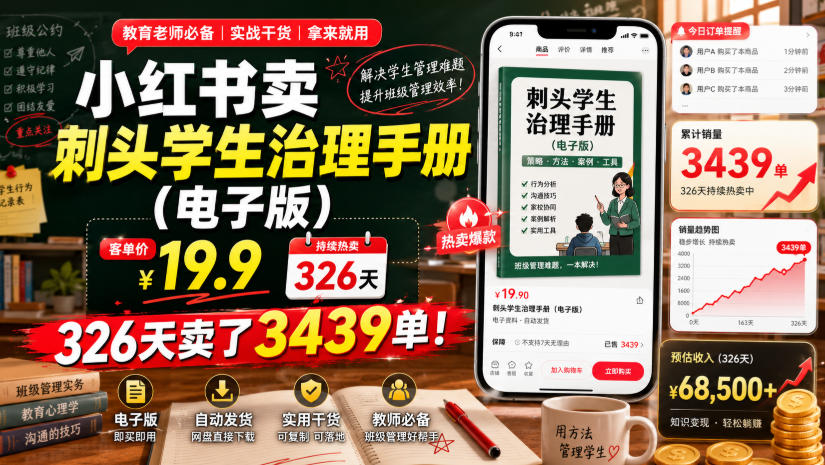 小红书卖刺头学生治理手册(电子版)，客单价19.9，326天卖了3439单！-爱搭资源网