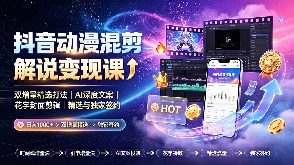 抖音动漫混剪解说变现课：双增量精选打法｜AI深度文案｜花字封面剪辑｜ 精选与独家签约日入1000+-爱搭资源网