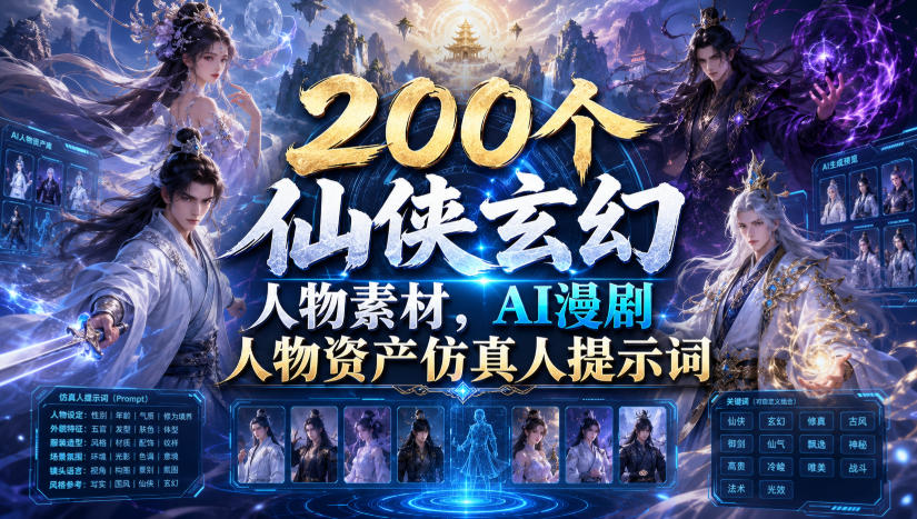 200个仙侠玄幻人物素材，AI漫剧人物资产仿真人提示词-爱搭资源网