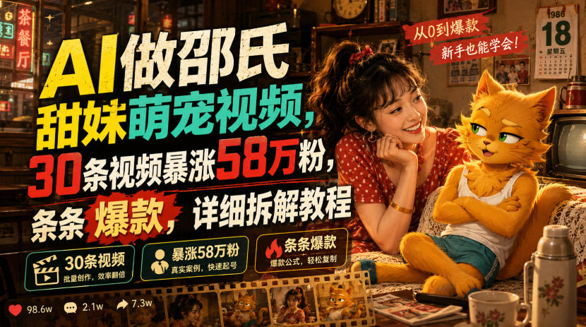 AI做邵氏甜妹萌宠视频，30条视频暴涨58万粉，条条爆款，详细拆解教程-爱搭资源网