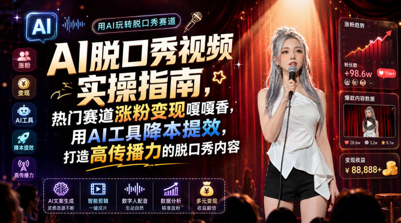 AI脱口秀视频实操指南，热门赛道涨粉变现嘎嘎香，用AI工具降本提效，打造高传播力的脱口秀内容-爱搭资源网