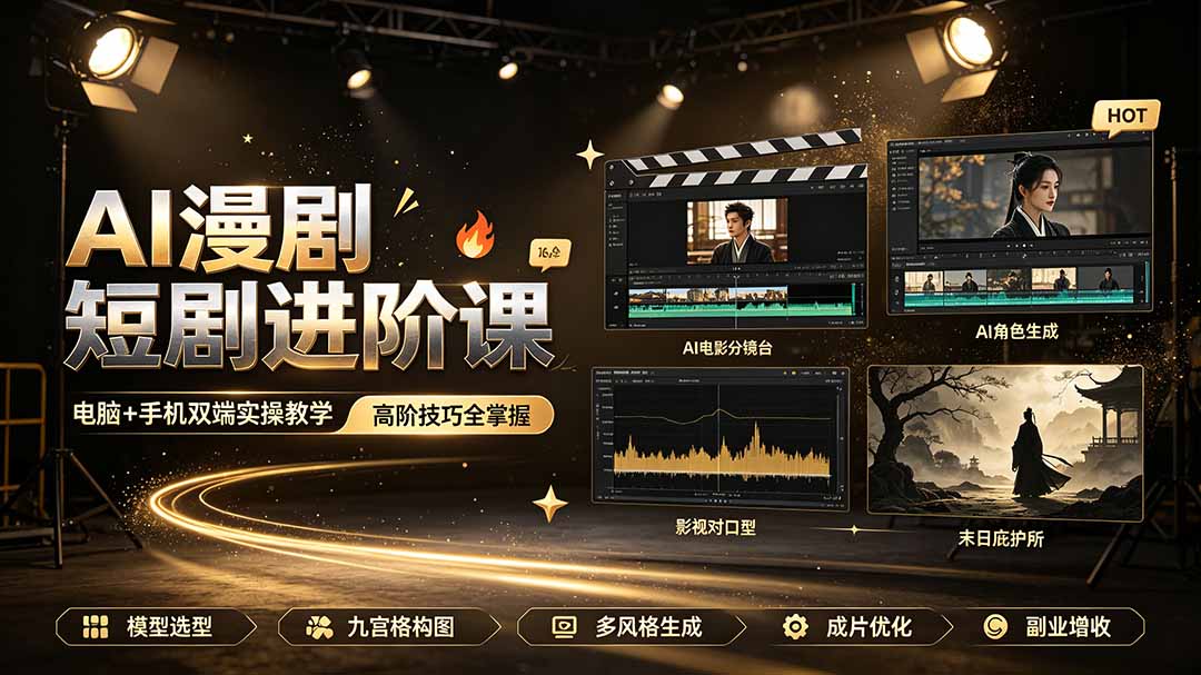 AI漫剧短剧进阶课｜电脑+手机双端实操教学｜影视剧对口型人物吃瓜×解压末日庇护所全程讲解，高阶技巧全掌握-爱搭资源网