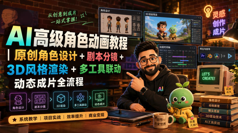 AI高级角色动画教程｜原创角色设计+剧本分镜+3D风格渲染+多工具联动动态成片全流程【中英字幕】-爱搭资源网