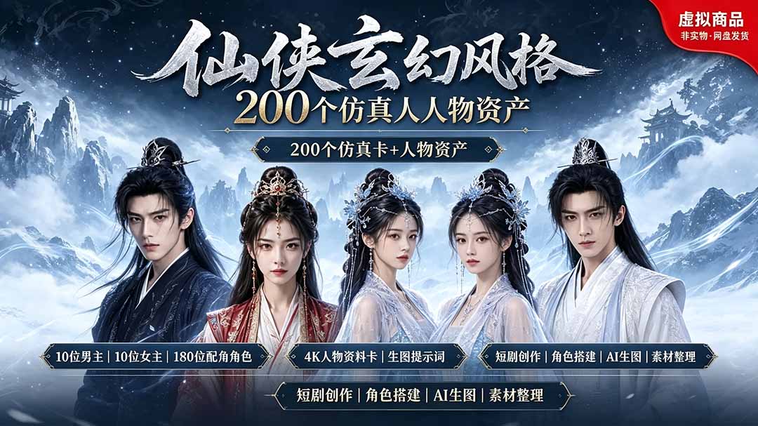 200个仙侠玄幻仿真人素材◆10男主×10女主×180配角，4K资料卡+AI生图提示词，漫剧必备-爱搭资源网