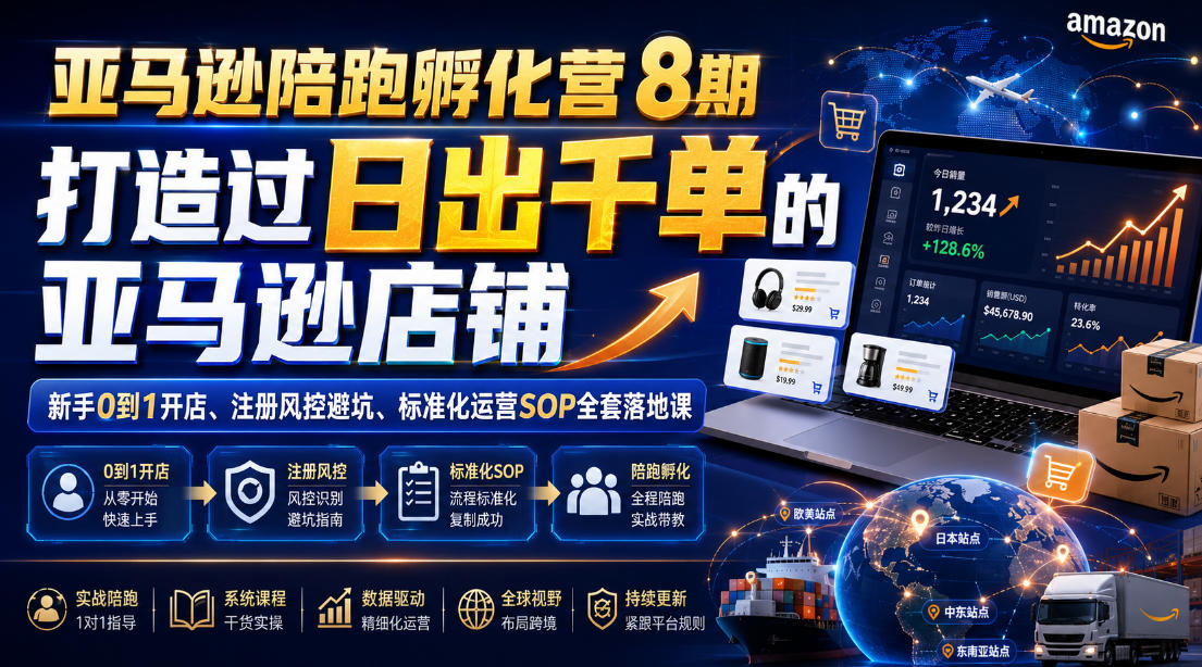 亚马逊陪跑孵化营8期，打造过日出千单的亚马逊店铺，新手0到1开店、注册风控避坑、标准化运营SOP全套落地课-爱搭资源网