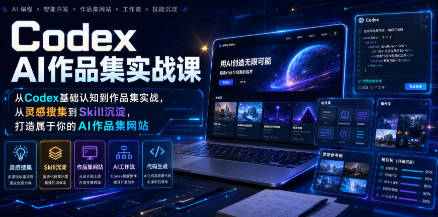 Codex AI作品集实战课，从Codex基础认知到作品集实战，从灵感搜集到Skill沉淀，打造属于你的AI作品集网站-爱搭资源网