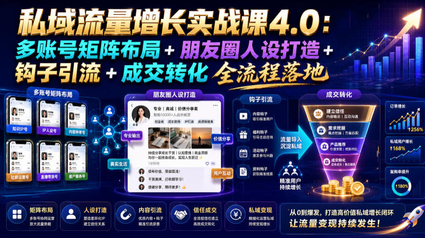 私域流量增长实战课4.0：多账号矩阵布局+朋友圈人设打造+钩子引流+成交转化全流程落地-爱搭资源网