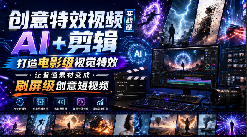 创意特效视频实战课，AI+剪辑打造电影级视觉特效，让普通素材变成刷屏级创意短视频-爱搭资源网