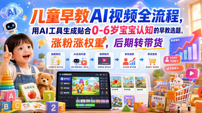 儿童早教AI视频全流程，用AI工具生成贴合0-6岁宝宝认知的早教选题，涨粉涨权重，后期转带货-爱搭资源网