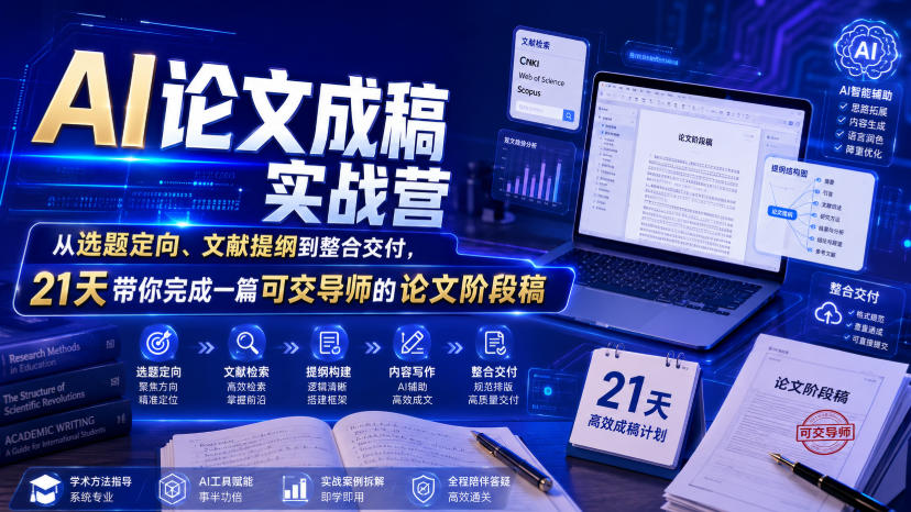 AI论文成稿实战营，从选题定向、文献提纲到整合交付，21天带你完成一篇可交导师的论文阶段稿-爱搭资源网