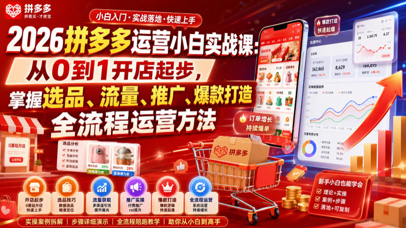 2026拼多多运营小白实战课:从0到1开店起步,掌握选品、流量、推广、爆款打造全流程运营方法-爱搭资源网