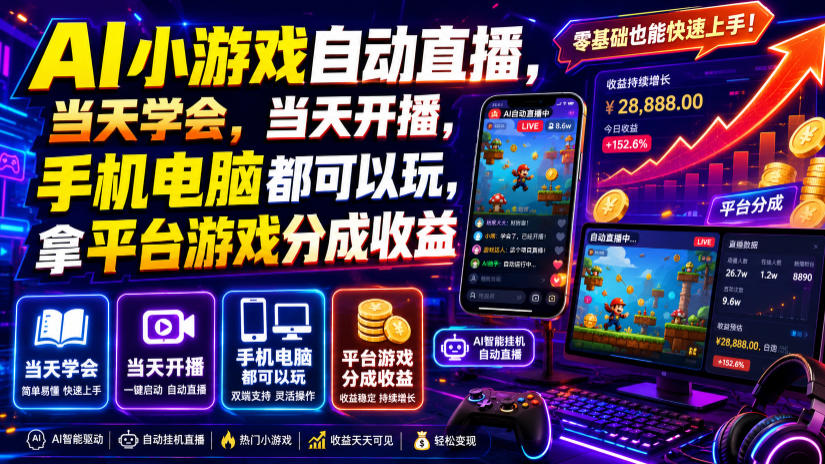 AI小游戏自动直播，当天学会，当天开播，手机电脑都可以玩，拿平台游戏分成收益-爱搭资源网