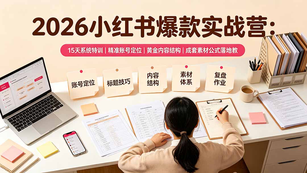 2026小红书爆款实战营：15天系统特训｜精准账号定位｜黄金内容结构｜成套素材公式落地教程-爱搭资源网
