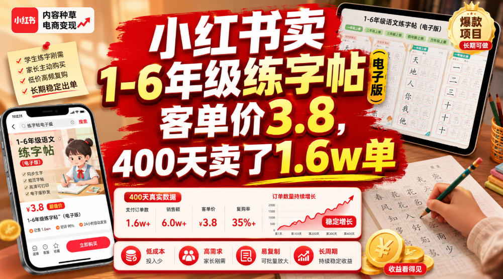 小红书卖1-6年级练字帖(电子版)，客单价3.8，400天卖了1.6w单-爱搭资源网