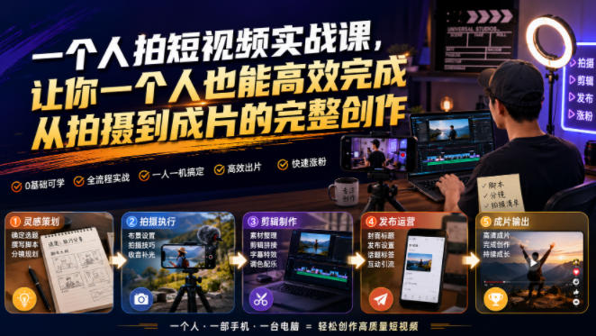一个人拍短视频实战课，让你一个人也能高效完成从拍摄到成片的完整创作-爱搭资源网