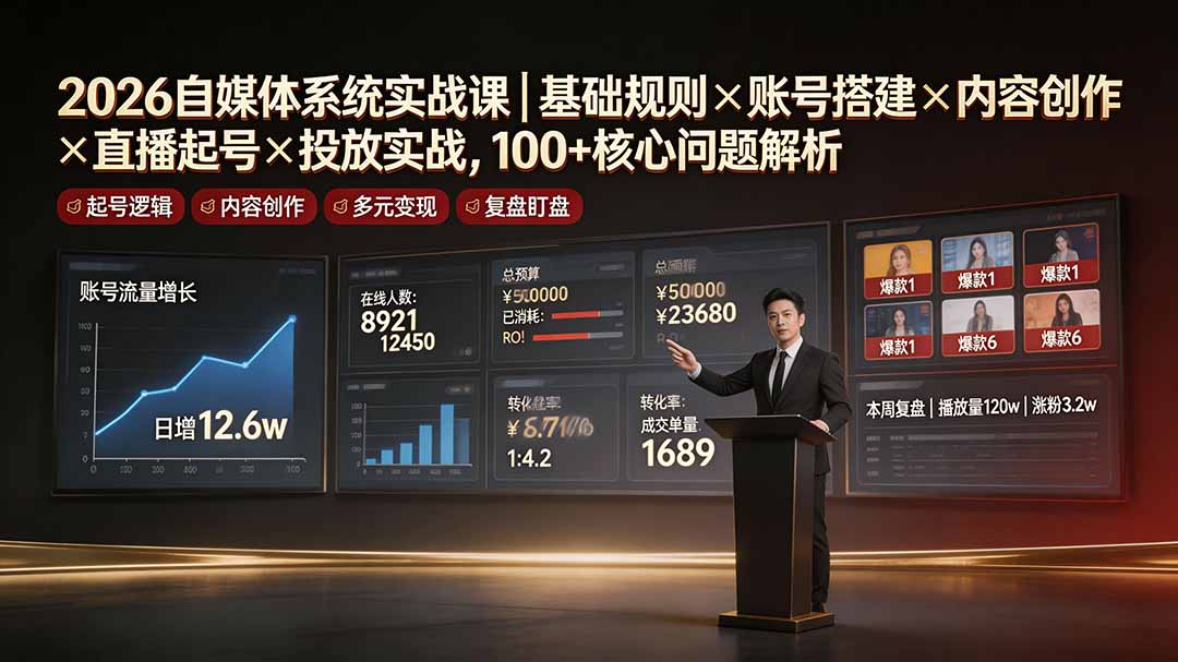 2026自媒体系统实战课|基础规则×账号搭建×内容创作×直播起号×投放实战,100+核心问题解析-爱搭资源网