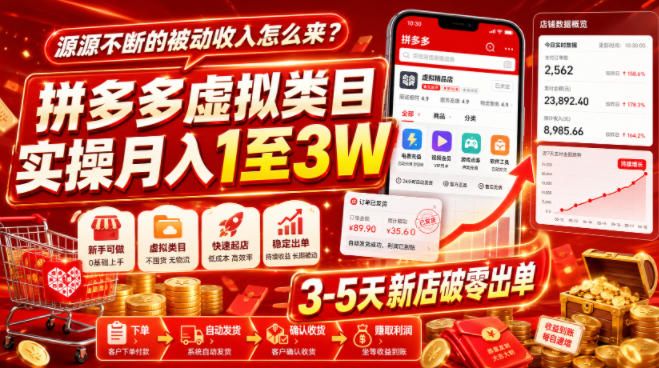 源源不断的被动收入怎么来?拼多多虚拟类目实操月入1至3W,3-5天新店破零出单-爱搭资源网