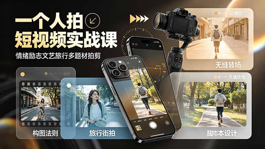 一个人拍短视频实战课：情绪励志文艺旅行多题材×五大景别×黄金构图×八大运镜，从拍摄到成片高效创作-爱搭资源网