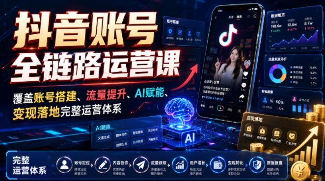 抖音账号全链路运营课，覆盖账号搭建、流量提升、AI赋能、变现落地完整运营体系-爱搭资源网