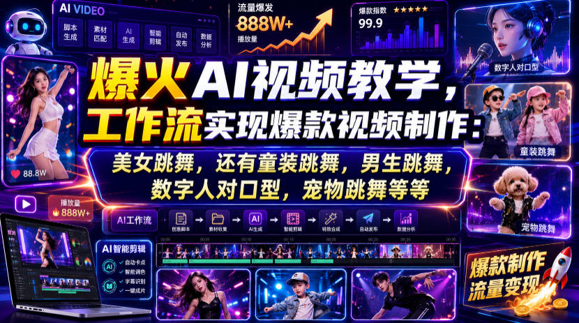 爆火AI视频教学，工作流实现爆款视频制作：美女跳舞，还有童装跳舞，男生跳舞，数字人对口型，宠物跳舞等等-爱搭资源网