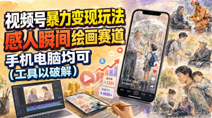 视频号暴力变现玩法，感人瞬间绘画赛道，手机电脑均可-爱搭资源网