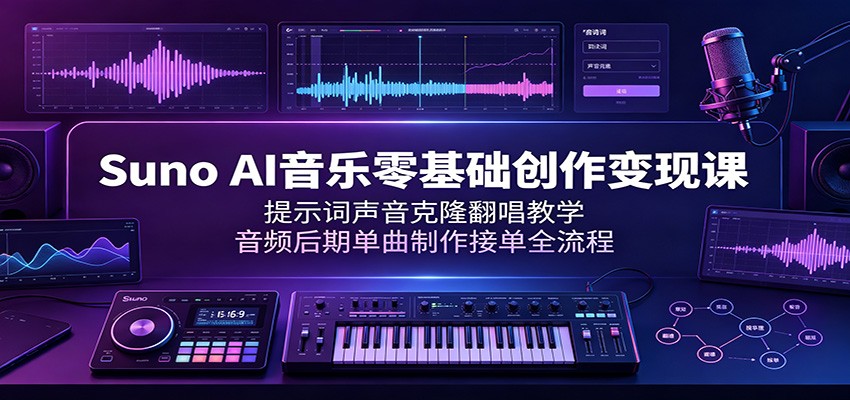 Suno AI音乐零基础创作变现课：提示词声音克隆翻唱教学，音频后期单曲制作接单全流程-爱搭资源网