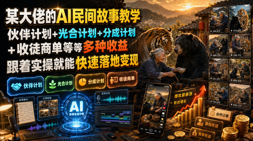 某大佬的AI民间故事教学，伙伴计划+光合计划+分成计划+收徒商单等多种收益，跟着实操就能快速落地变现-爱搭资源网