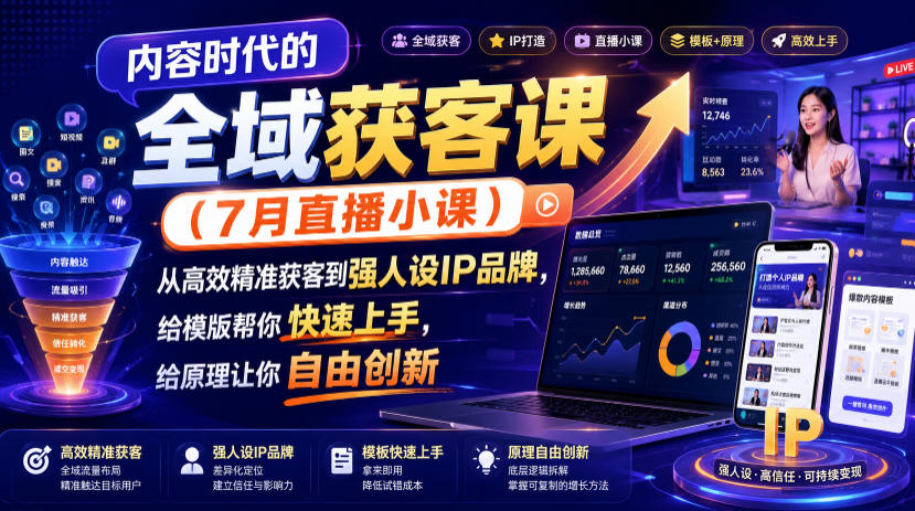 内容时代的全域获客课(7月直播小课),从高效精准获客到强人设IP品牌,给模版帮你快速上手,给原理让你自由创新-爱搭资源网