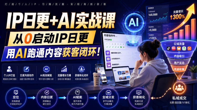 IP日更+AI实战课，从0启动IP日更，IP置顶视频制作+100条选题库搭建+10条日更规划，用AI跑通内容获客闭环!-爱搭资源网